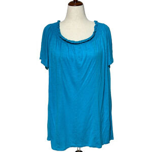 Chicos Top XL 3 Blue Tropical Linen Blend Smocked Off the Shoulder Beachy NWT